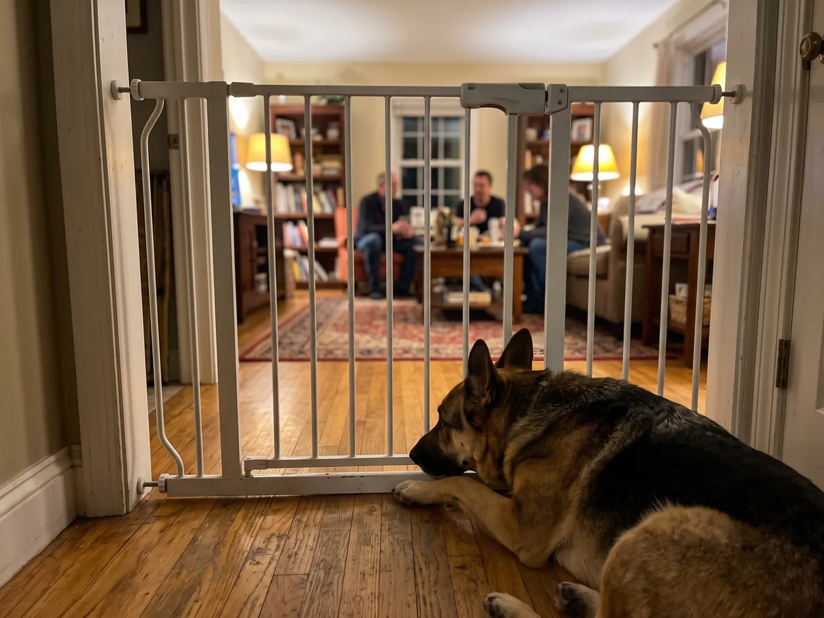 German Shepherd lying behind a baby gate in the hallway while the family sits together in the next room, a common life with an aggressive dog before training in Rhode Island