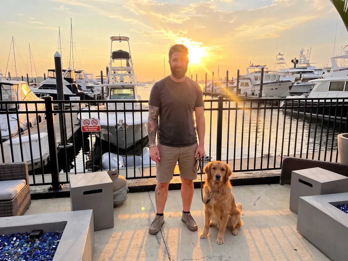 Bobby Bartolomeo of Grey Standard Canine Training on a Rhode Island marina terrace at sunset with a golden retriever sitting calmly at his feet