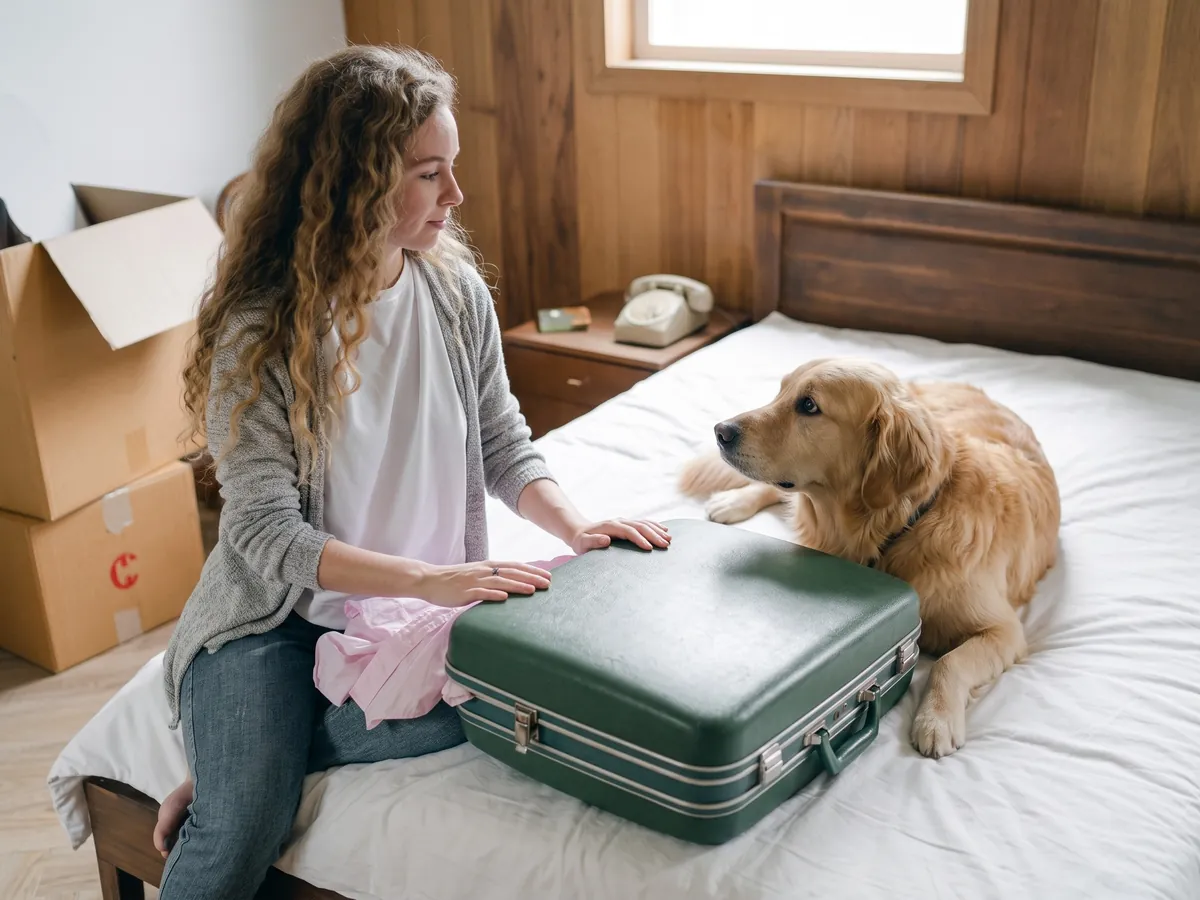 Owner packing a suitcase on the bed while her golden retriever watches, the worry before a trip that dog boarding in Rhode Island takes away