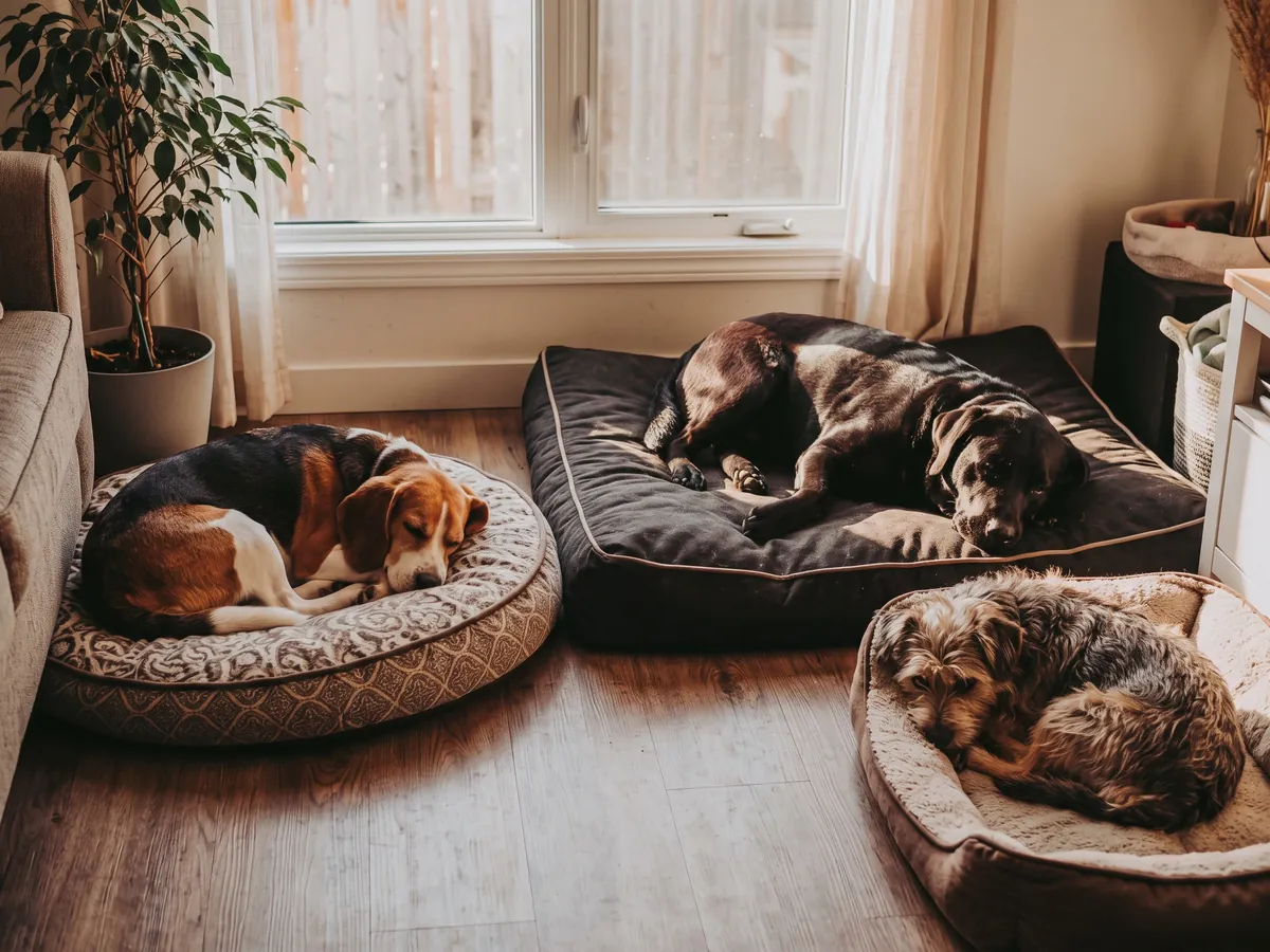 Three dogs resting on their own beds in a calm, home-like room during dog boarding in Rhode Island