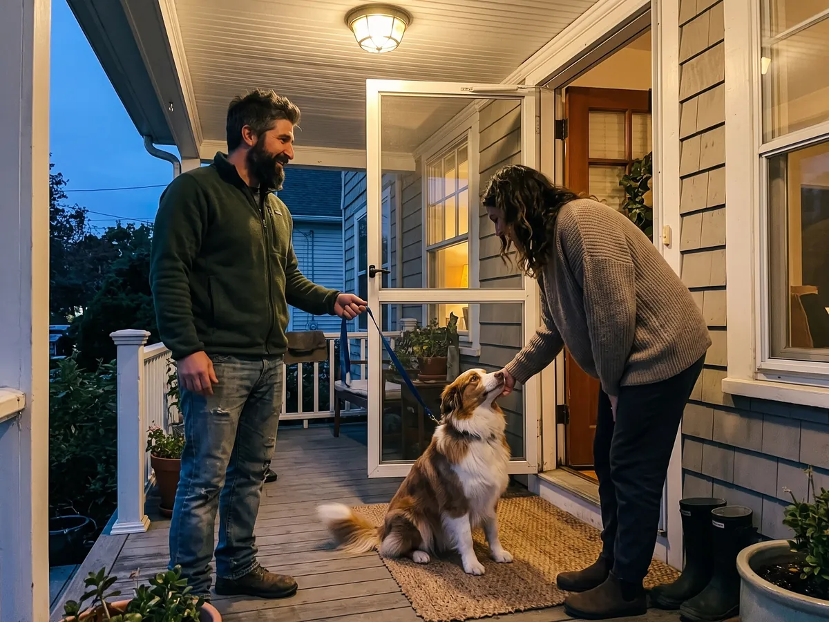 Bobby Bartolomeo of Grey Standard Canine Training dropping an Australian Shepherd off at a family&rsquo;s front porch in the early evening after a day of dog day training in Rhode Island