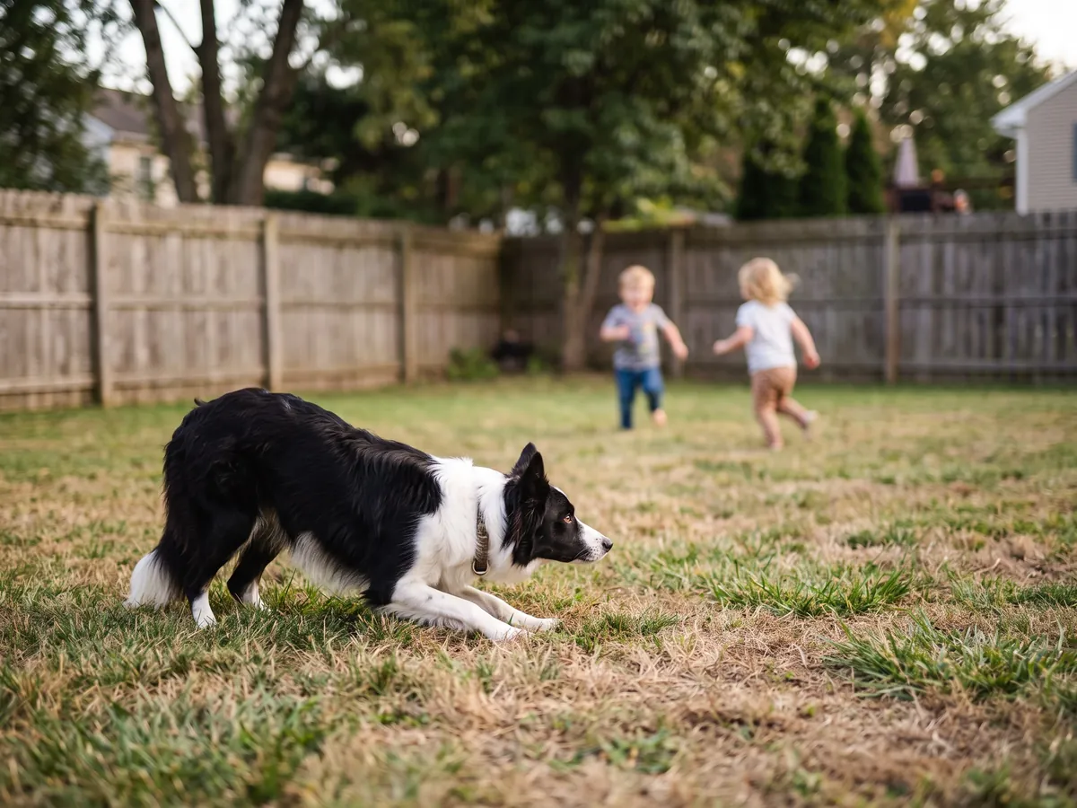 Border Collie in a low herding crouch with strong eye, the gathering style herding dog training in Rhode Island builds on