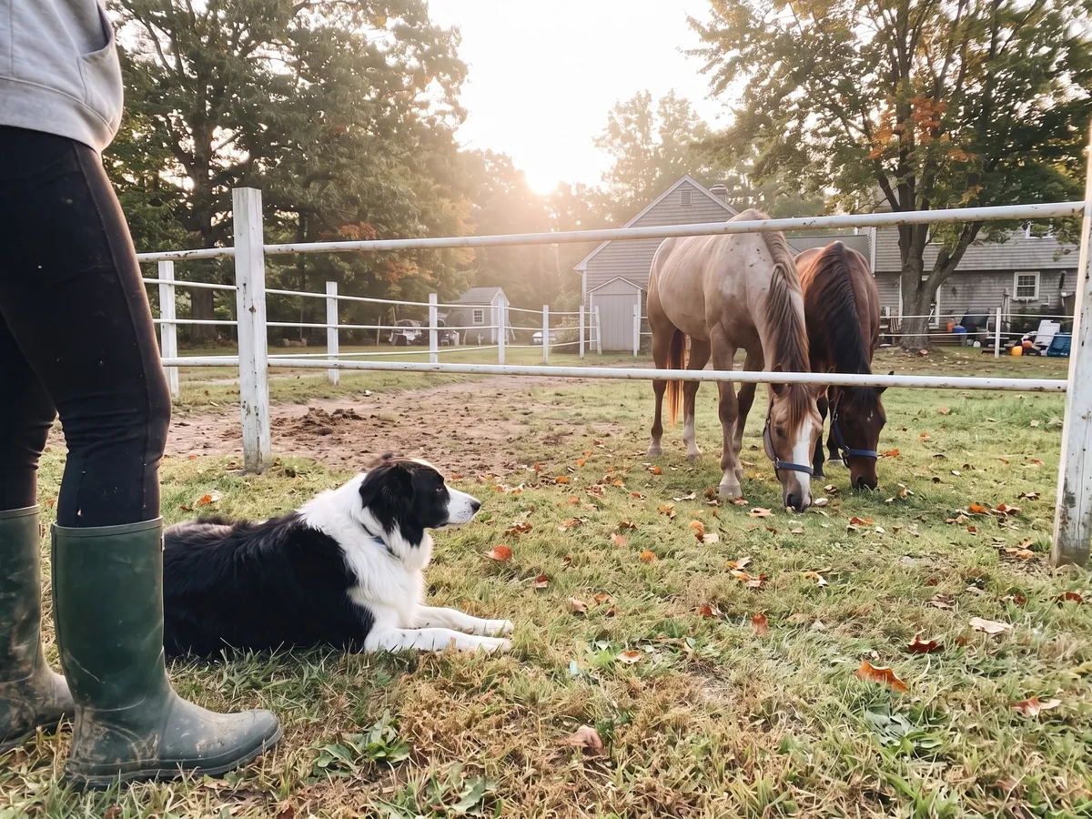 Border Collie lying calmly outside a paddock fence while two horses graze, the control herding dog training in Rhode Island builds around livestock
