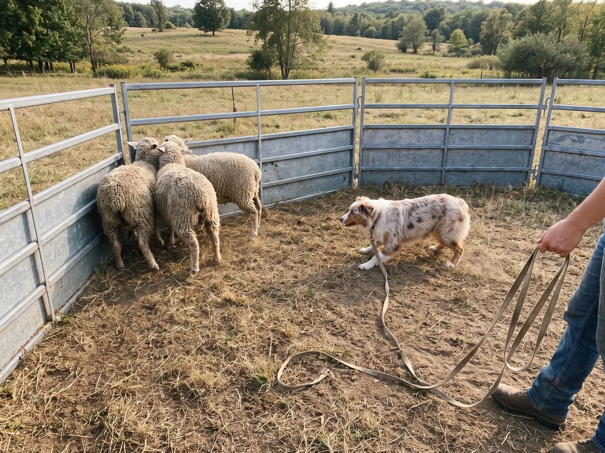 Young Australian Shepherd on a long line staring at three sheep in a round pen during an instinct check, the first step of herding dog training in Rhode Island