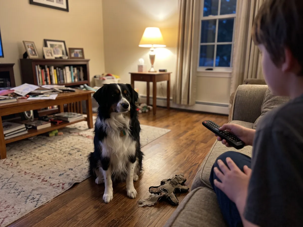 Australian Shepherd sitting in the living room staring at its family on the couch, waiting for a job, before herding dog training in Rhode Island