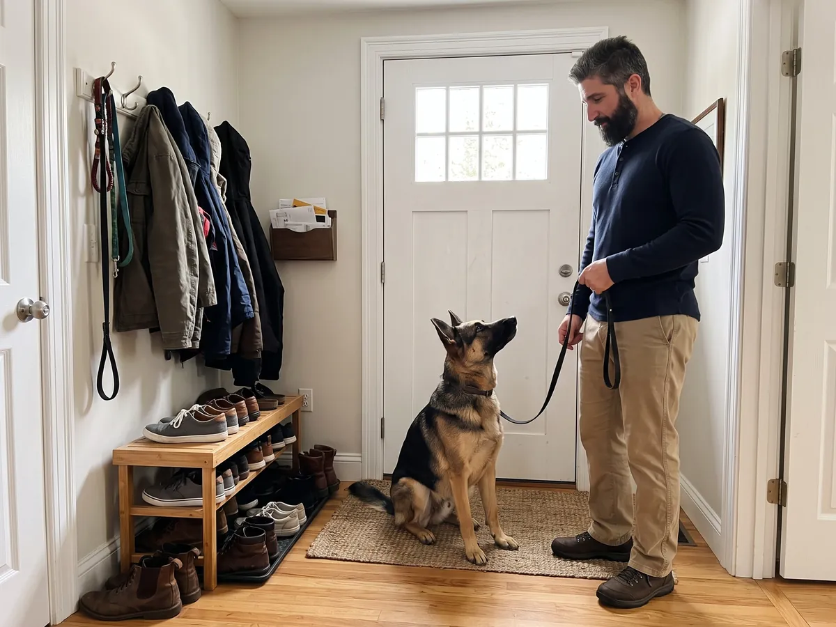 Bobby Bartolomeo of Grey Standard Canine Training holding the leash while a German Shepherd waits on the mat by the front door during an in-home dog training lesson in Rhode Island