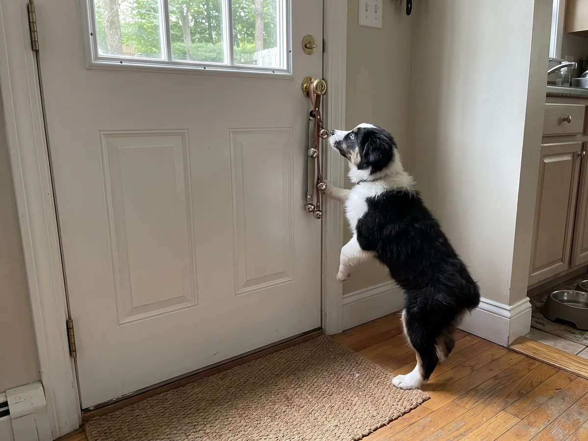 Australian Shepherd puppy nudging potty bells on the back door to ask to go outside, a habit from puppy potty training in Rhode Island