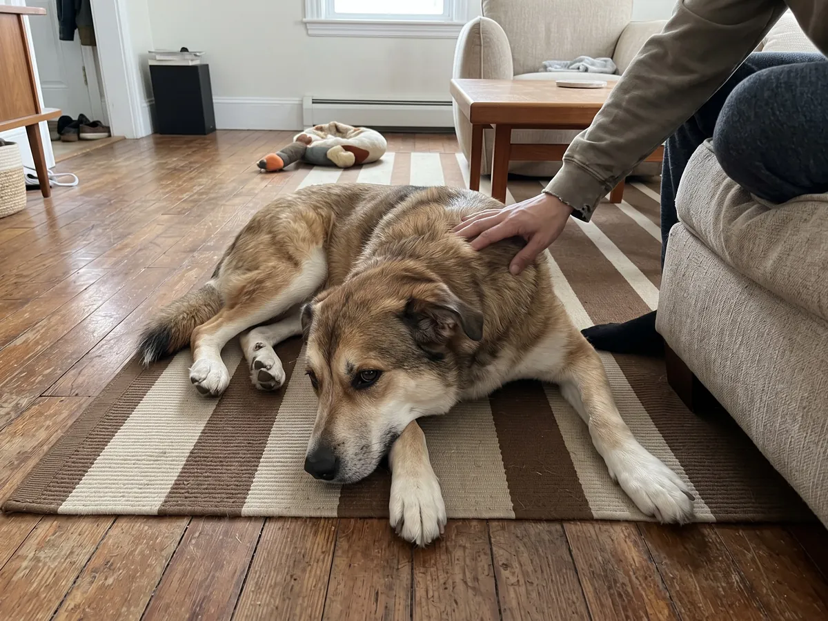 Adult rescue dog lying relaxed on a clean living room rug while its owner pets it, the result of potty training for older dogs in Rhode Island