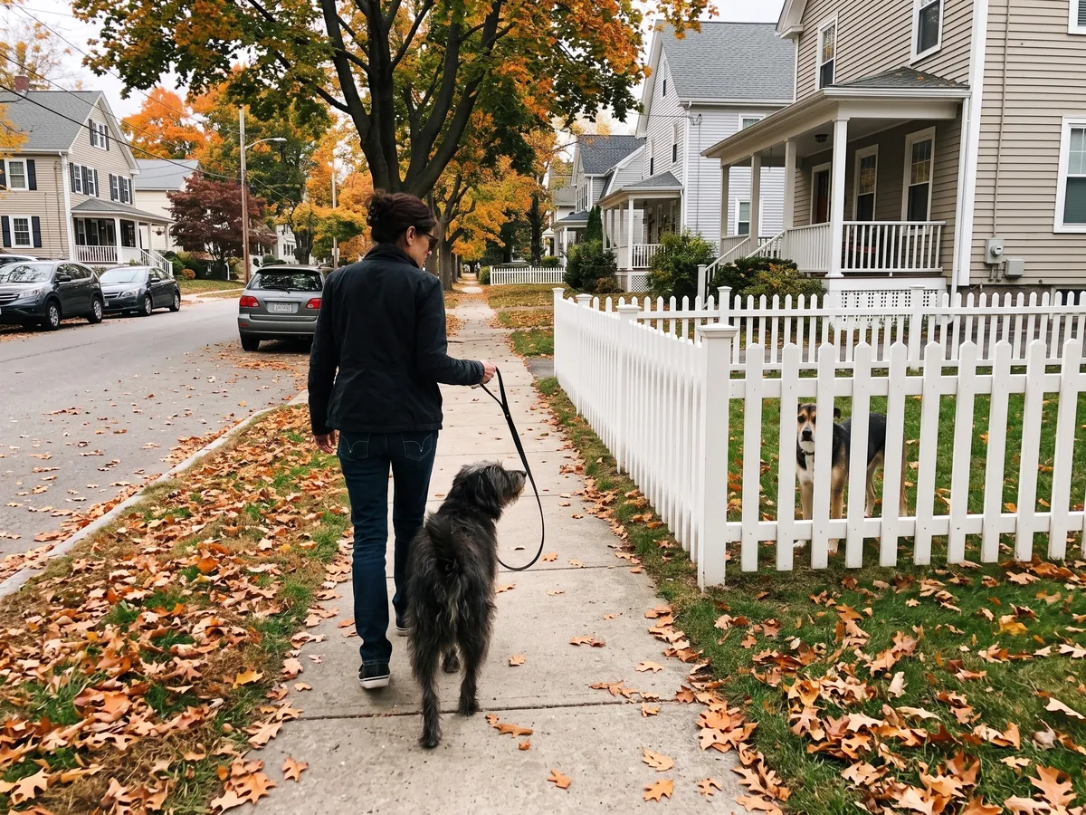 Owner walking her dog on a loose leash past a dog behind a picket fence on a Rhode Island neighborhood sidewalk, the real-street test of reactive dog training