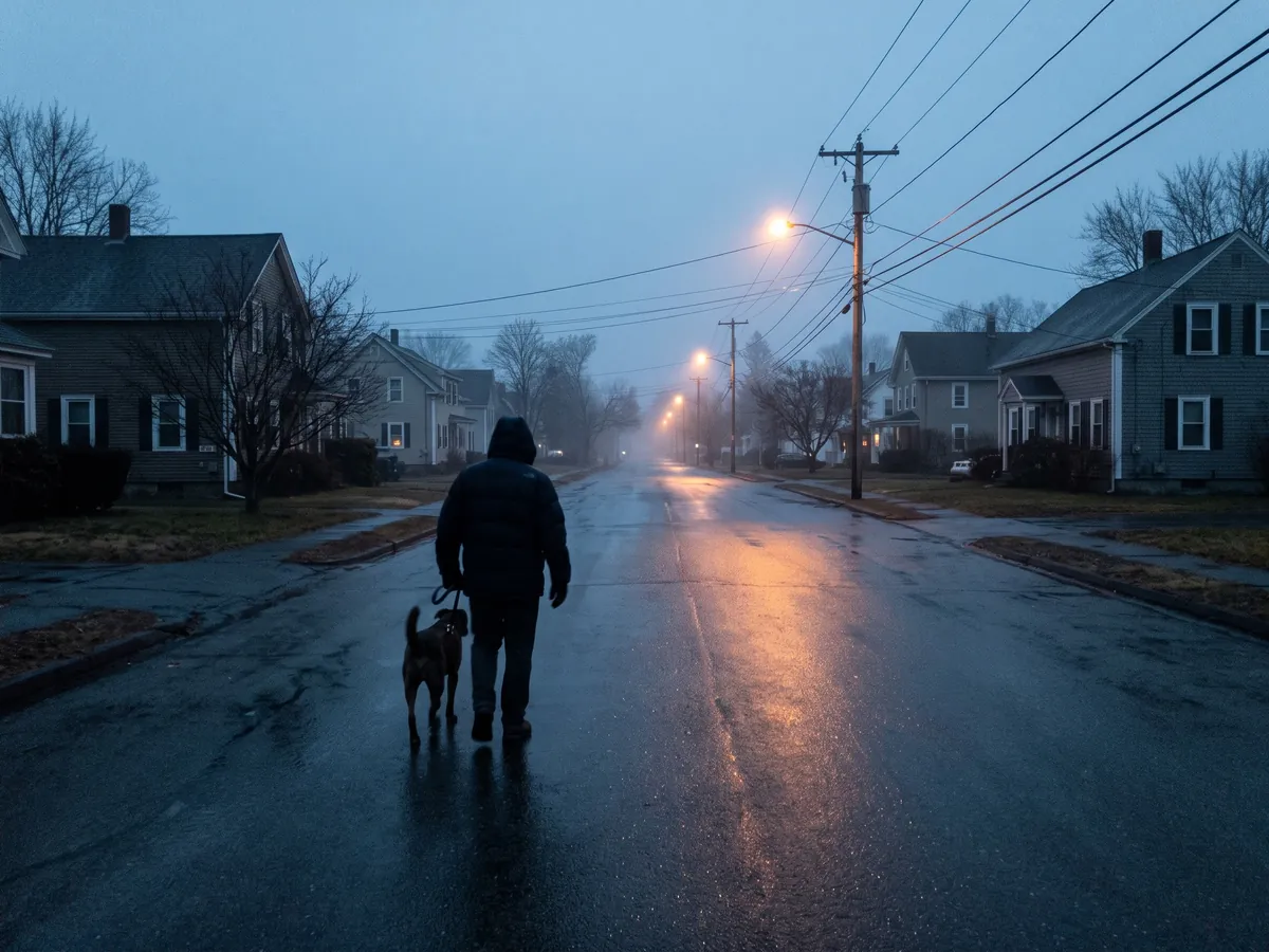 Owner walking a reactive dog alone on an empty street at dawn to avoid other dogs, before reactive dog training in Rhode Island