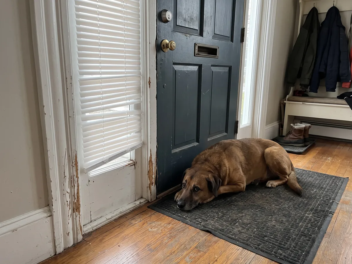 Dog lying against the front door next to a scratched door frame and bent blinds, signs of separation anxiety in a Rhode Island home