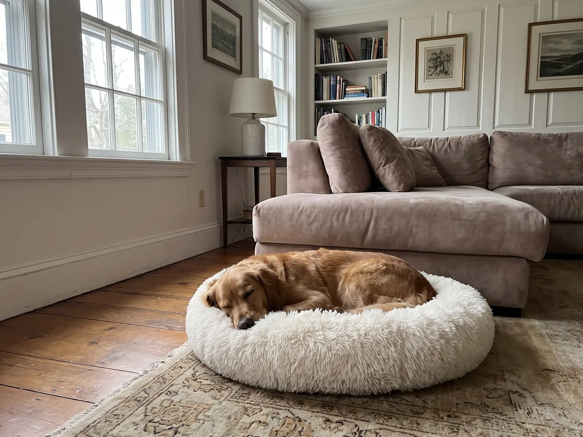 Golden retriever asleep on its dog bed in a quiet living room while the family is out, the calm that separation anxiety training in Rhode Island builds