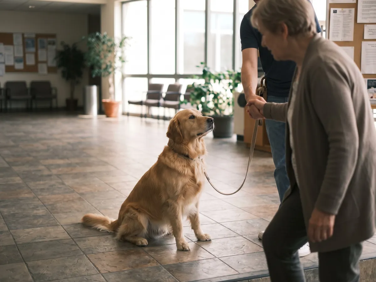 Golden retriever sitting politely on a loose leash while a friendly stranger shakes its handler’s hand, the kind of moment a therapy dog evaluation tests