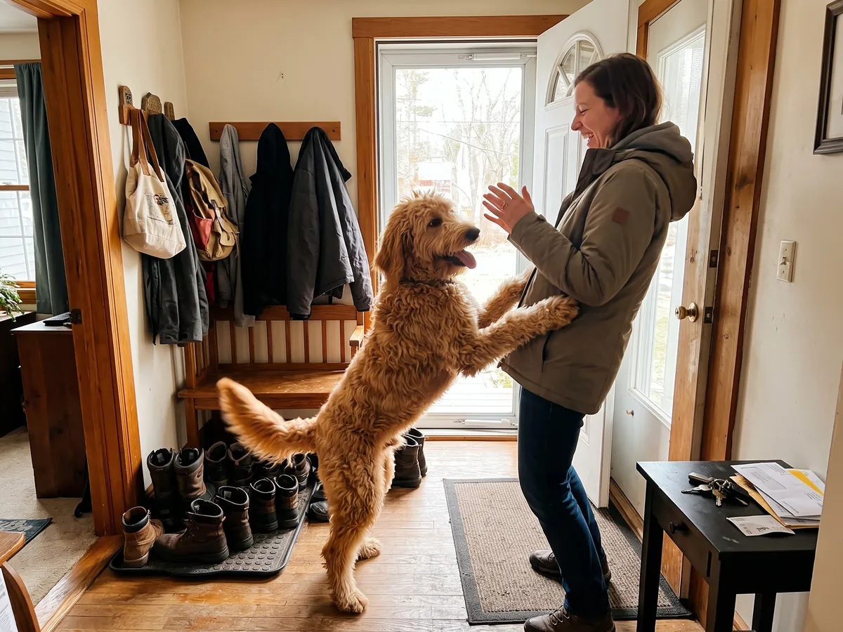 Friendly goldendoodle jumping up on a laughing visitor at the front door, the kind of over-excited dog therapy dog training in Rhode Island starts with