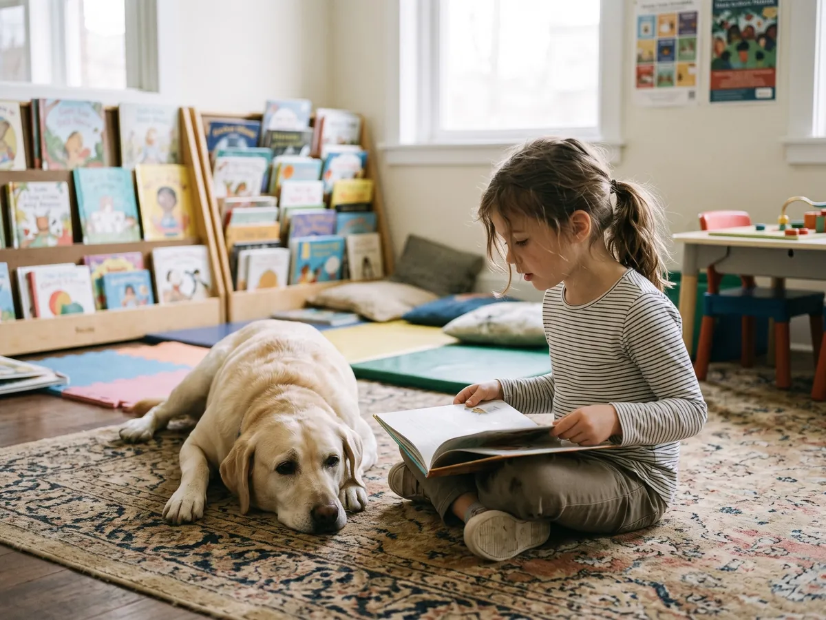 Young girl reading a book aloud to a calm Labrador in a library, the comfort a therapy dog brings in Rhode Island