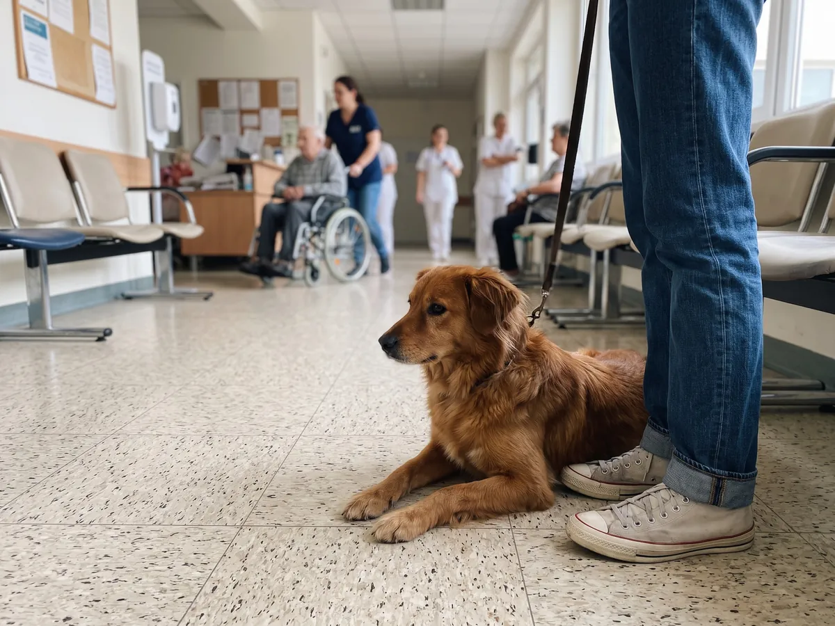 Calm dog lying at its handler’s feet in a care home waiting area while a resident in a wheelchair passes, a therapy dog on a visit